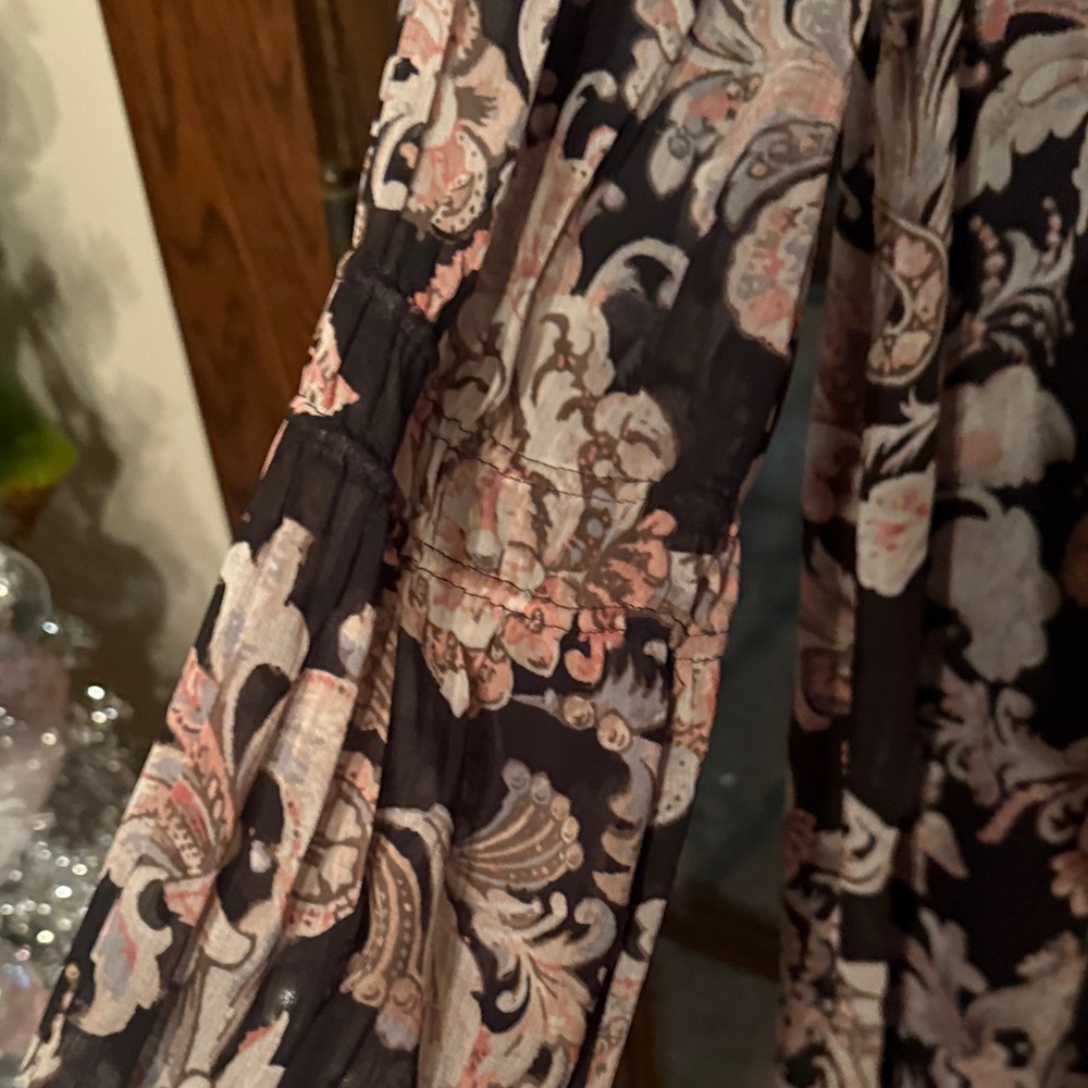 LOFT Womens Medium Black Pink Floral Damask Ruffle Neck Tie Long Sleeve Dress - Picture 4 of 7